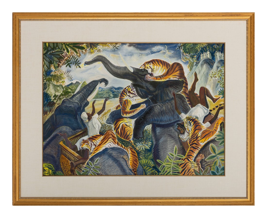 Paul Bough Travis (American, 1891-1975) Untitled (Tigers Attack Elephants and Villagers), 1959 (1 of 3)