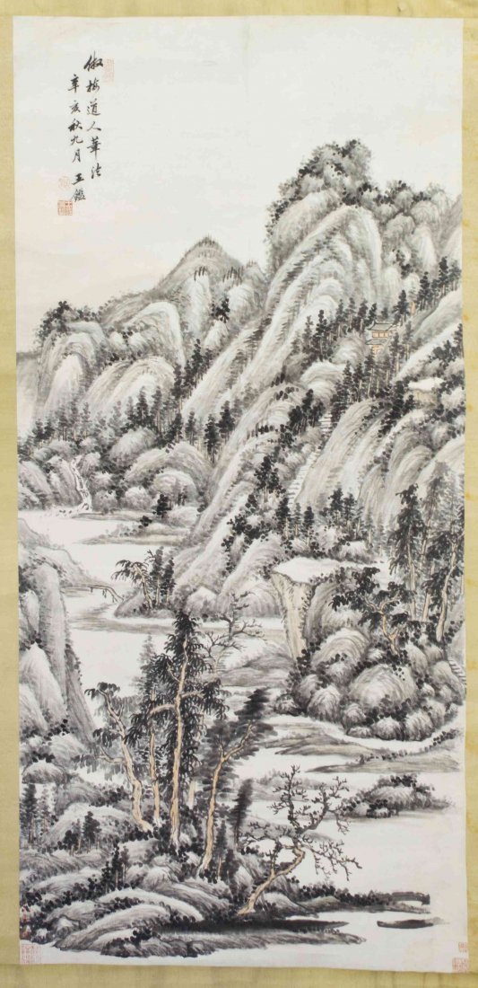 A Chinese Scroll Painting, After Wang Jian (1598-1677),: A Chinese Scroll Painting, After Wang Jian (1598-1677), ink on paper, depicting a mountainous landscape with dense tree cover and an architectural structure, bearing a colophon, cyclical date mark and