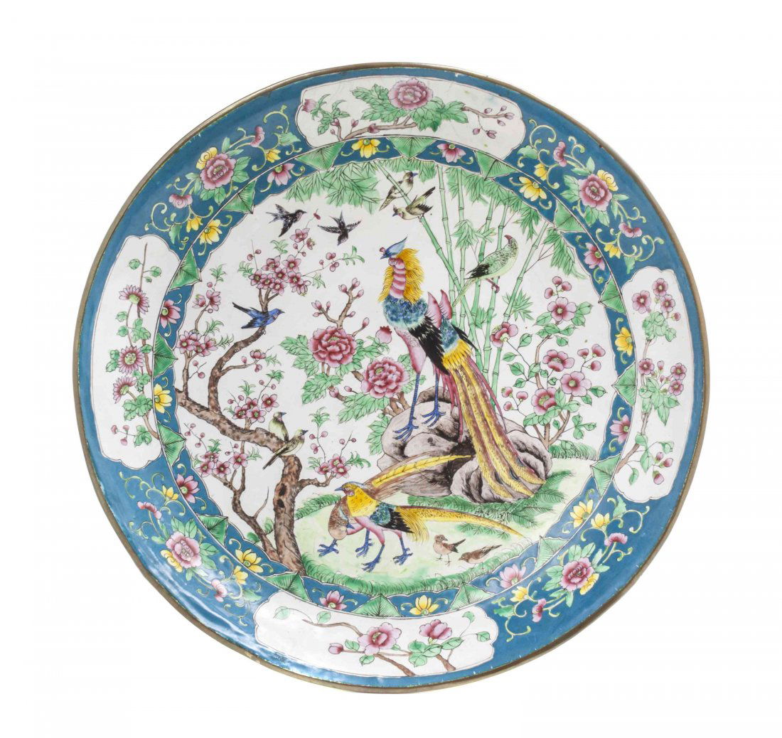 A Canton Enamel Charger, Diameter 14 1/8 inches.: A Canton Enamel Charger, of circular form depicting exotic birds in a bamboo garden, with floral borders. Diameter 14 1/8 inches.