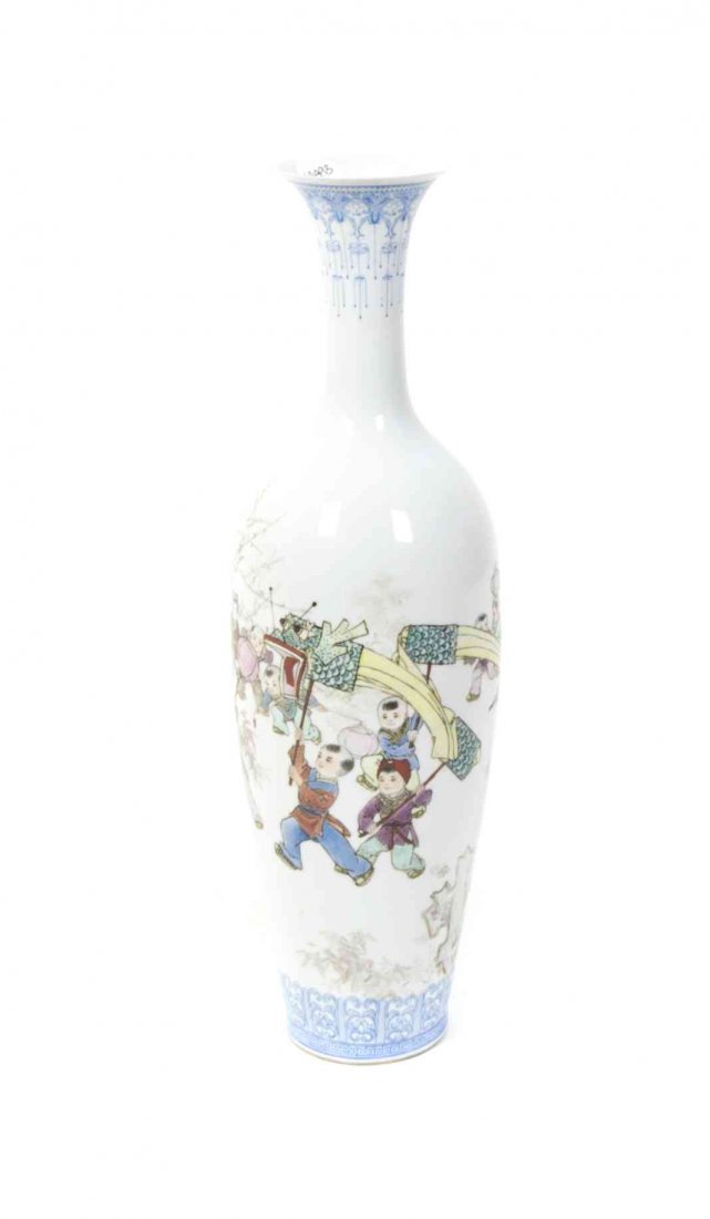 A Chinese Eggshell Porcelain Vase, Height 14 7/8 inches: A Chinese Eggshell Porcelain Vase, of baluster form, polychrome decorated with children bearing a dragon banner, in a fitted box. Height 14 7/8 inches. Property from the Collection of William C. Burri