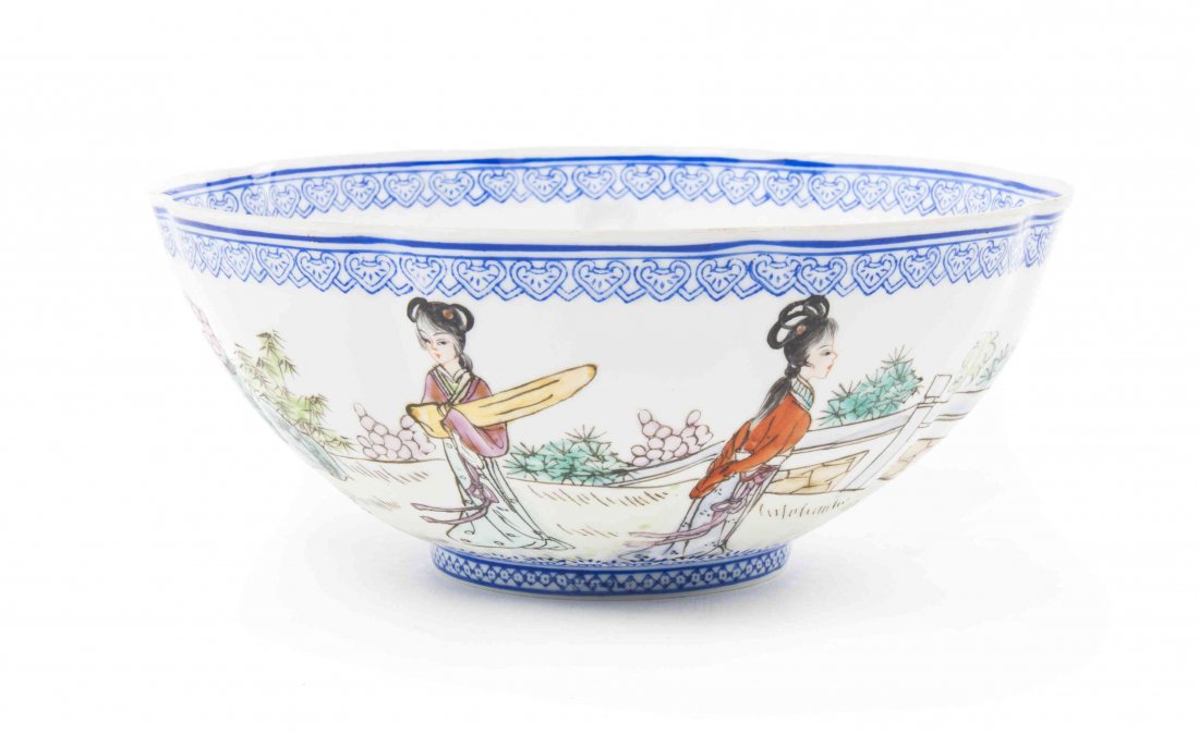 A Chinese Eggshell Porcelain Bowl, Diameter 6 3/8: A Chinese Eggshell Porcelain Bowl, of circular footed form having figural decoration below a band of ruyi. Diameter 6 3/8 inches. Property from the Collection of Dr. Stuart Weiss and Mrs. Marlita Weis