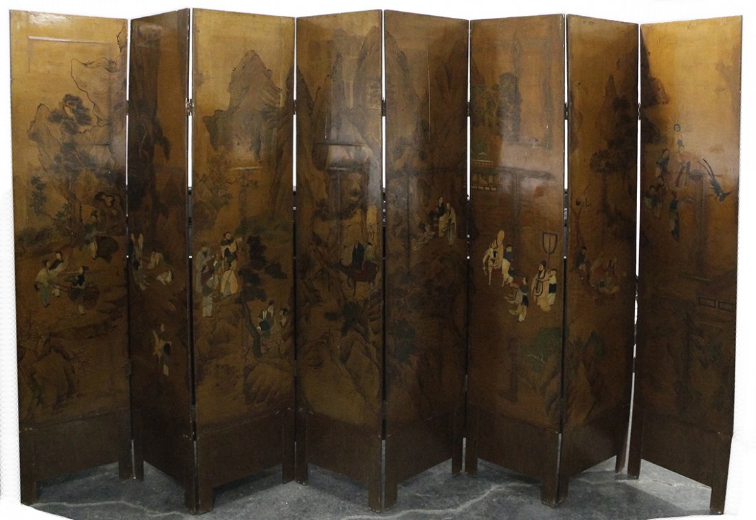 A Chinese Eight-Panel Floor Screen, Height of each: A Chinese Eight-Panel Floor Screen, decorated with a continuous landscape depicting figures at various pursuits, the reverse decorated with landscapes and flowers. Height of each panel 72 x width 15 3