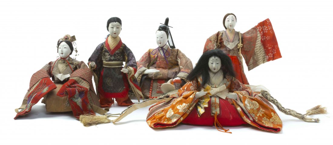 A Group of Five Japanese Dolls, Height of tallest 9: A Group of Five Japanese Dolls, comprising four women and one seated nobleman. Height of tallest 9 inches.