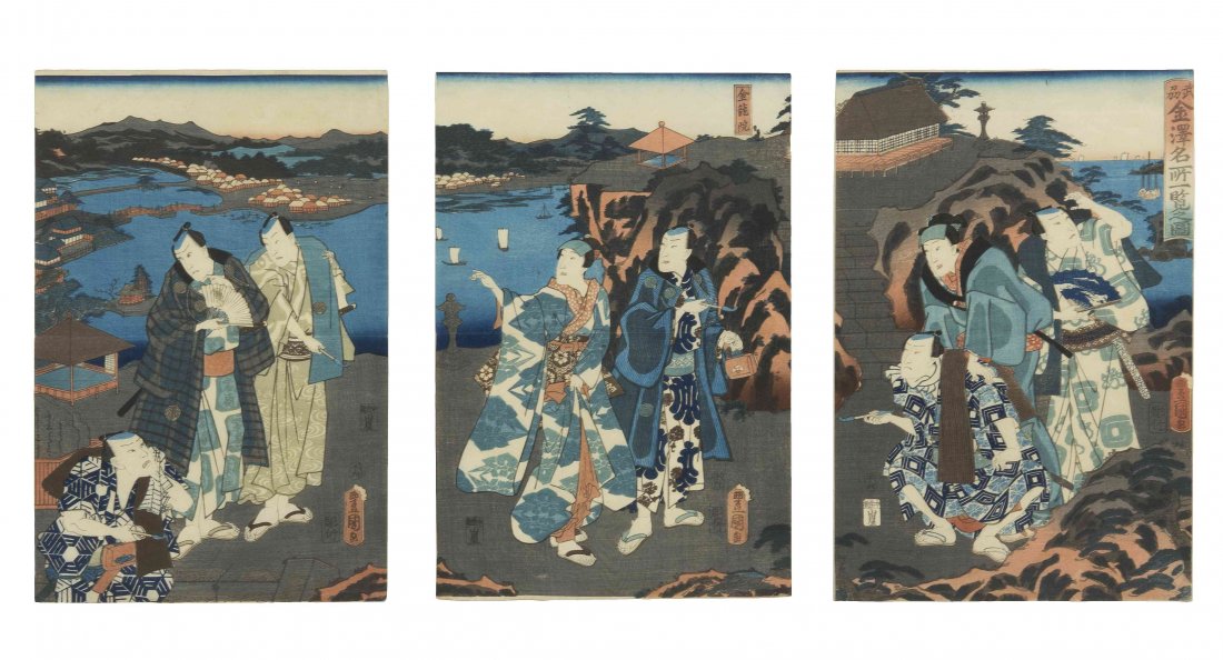 Utagawa Kunisada (Toyokuni II), (Japanese, 1777-1835),: Utagawa Kunisada (Toyokuni II) (Japanese, 1777-1835) Famous View of Kanazawa Bushu, 1858 (triptych) woodblock print; Yamadaya, Edo, pub. 14 x 9 1/2 inches (each).