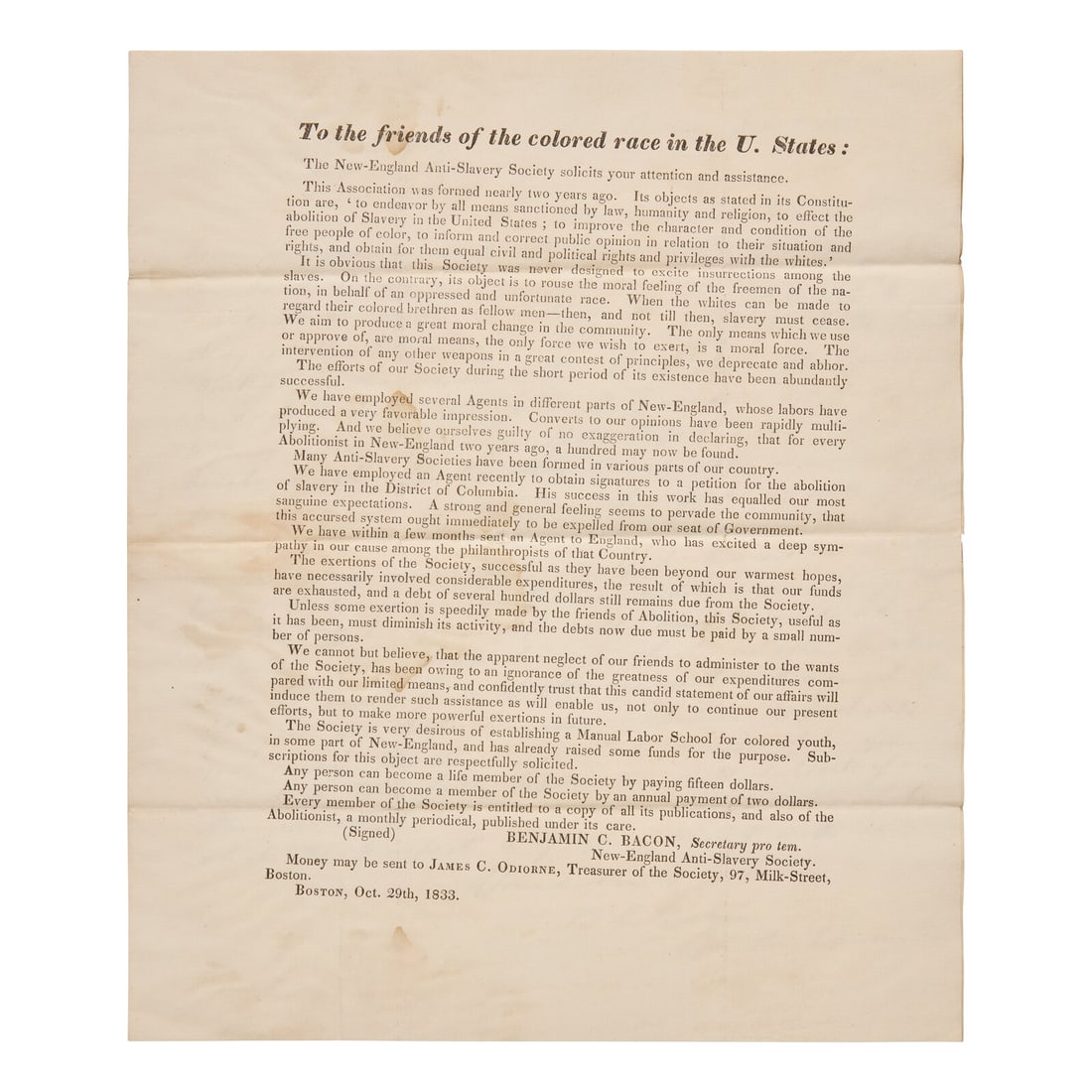 [African-Americana] Bacon, Benjamin C. Autograph Letter, signed on Printed Circular "To the friends: [African-Americana] Bacon, Benjamin C. Autograph Letter, signed on Printed Circular "To the friends of the colored race in the U. States." Boston, December 7, 1833. One-page autograph letter, signed b