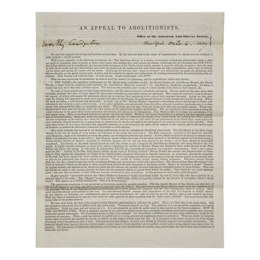 [African-Americana] Birney, James G. Signed Printed Circular of the American Anti-Slavery Society (1 of 3)