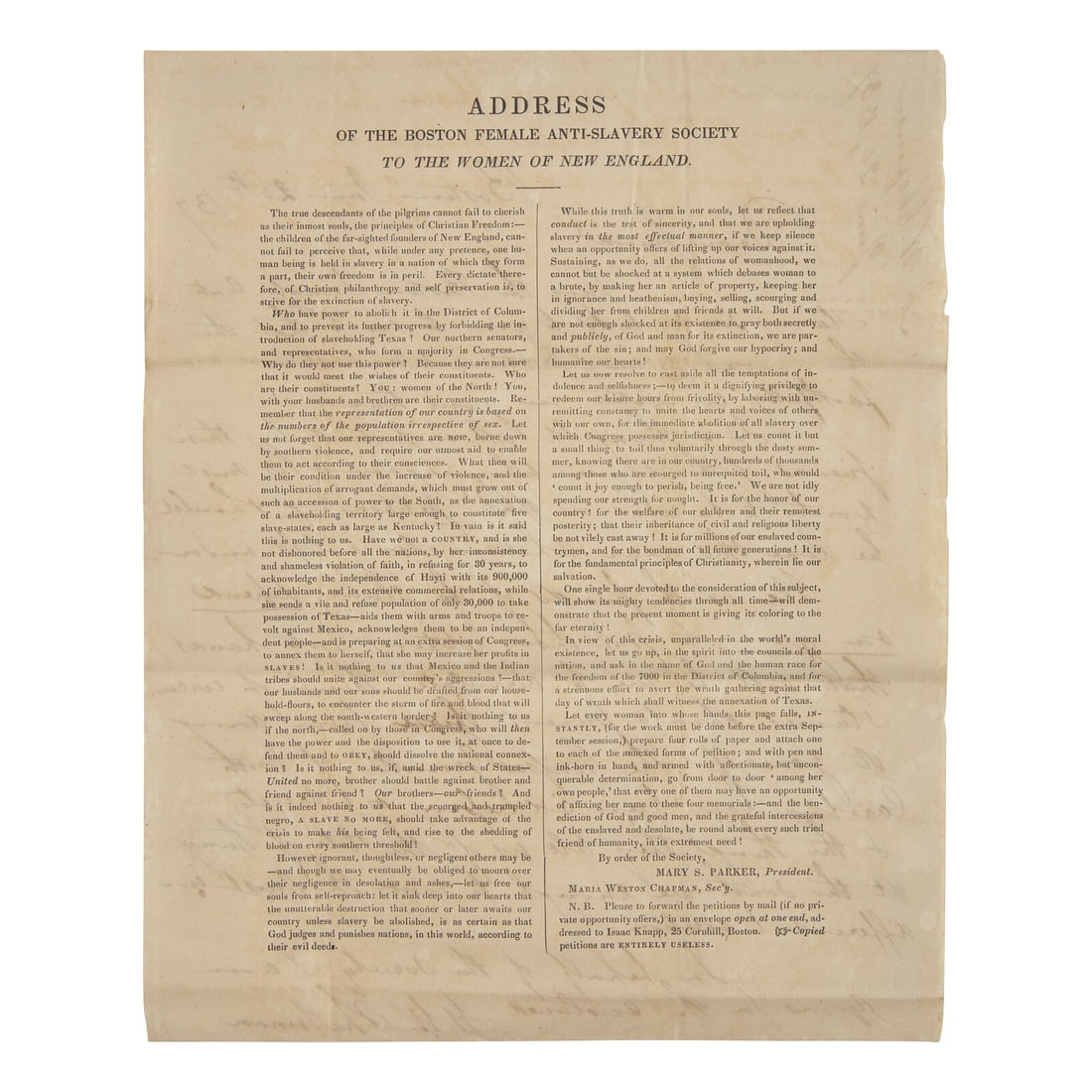 [African-Americana] Chapman, Maria W. Autograph Letter, signed, on Printed Circular, "Address of the (1 of 2)