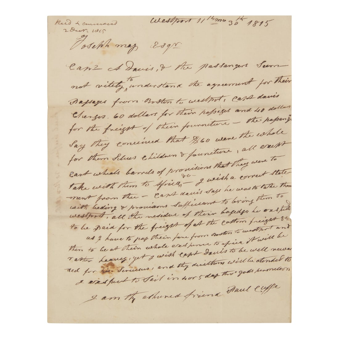 [African-Americana] Cuffe, Paul. Autograph Letter, signed (1 of 2)