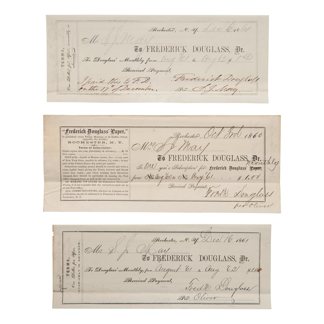 [African-Americana] [Douglass, Frederick] May, Rev. Samuel J. Group of 3 Receipts for the Purchase (1 of 1)