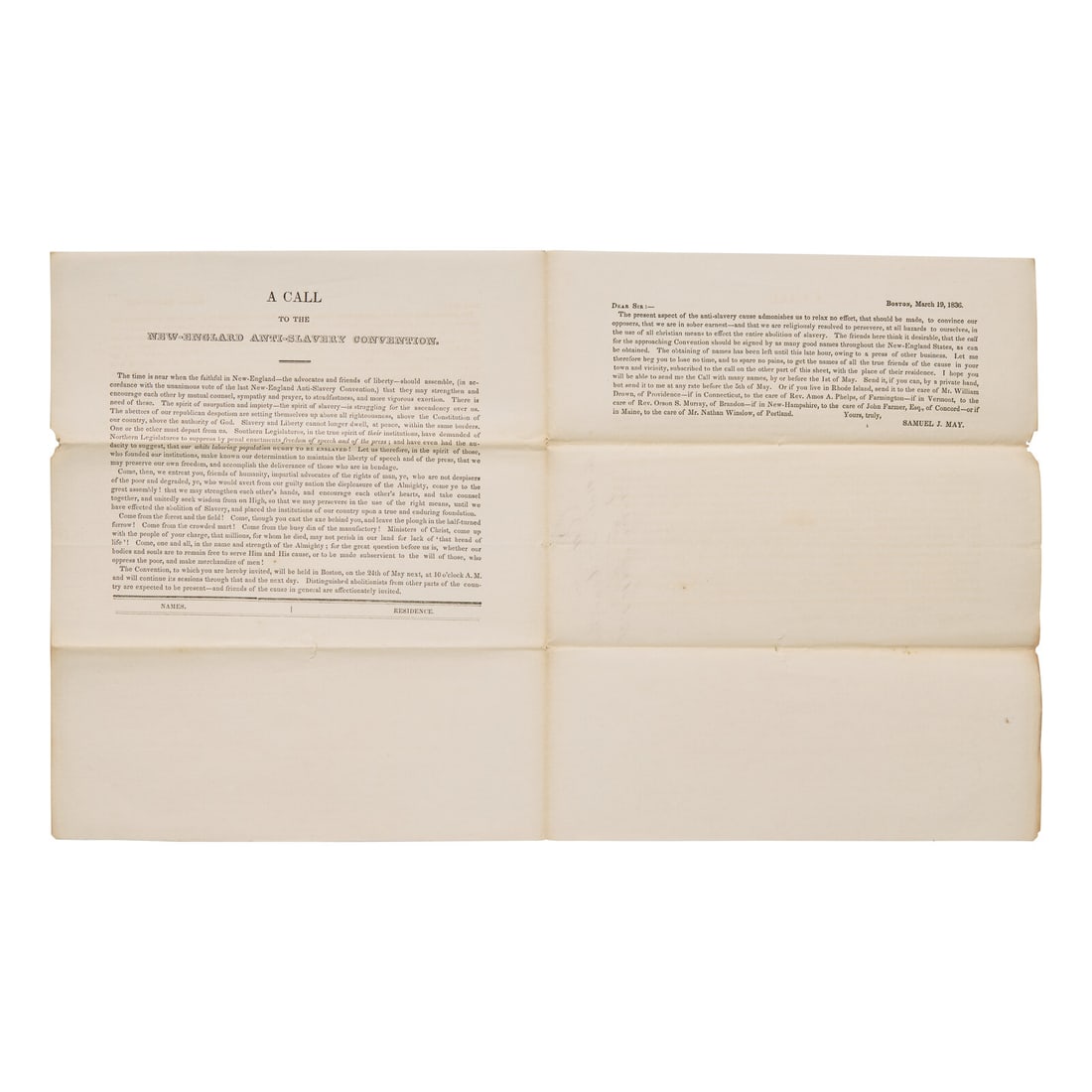 [African-Americana] May, Rev. Samuel J. Printed Invitation, "A Call to the New-England Anti Slavery: [African-Americana] May, Rev. Samuel J. Printed Invitation, "A Call to the New-England Anti Slavery Convention" Boston, March 19, 1836. Bifolium, 9 3/4 x 8 1/2 in. (248 x 216 mm). Two-page printed cir