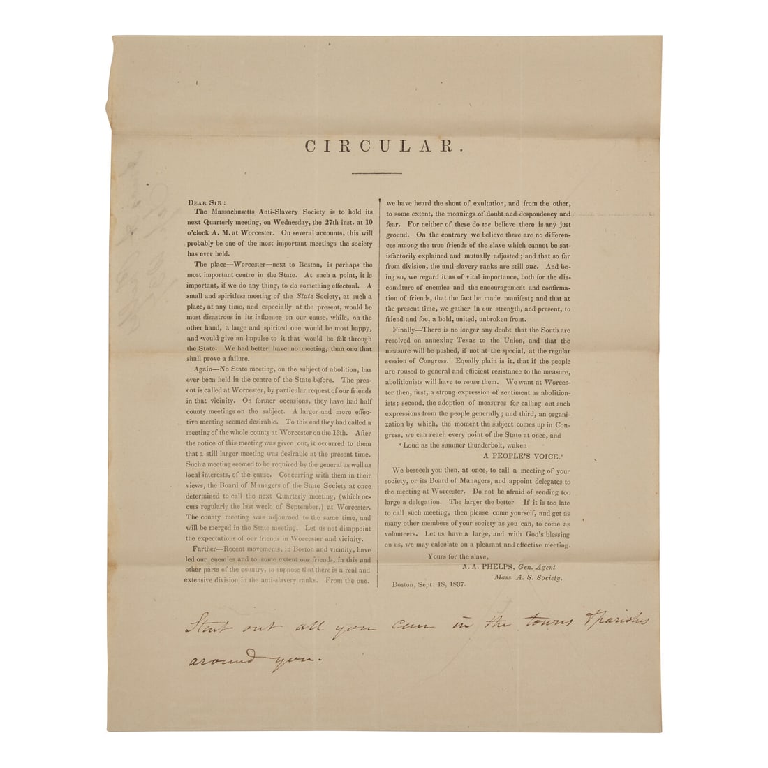 [African-Americana] Phelps, Amos A. Printed Circular of the Massachusetts Anti-Slavery Society (1 of 1)