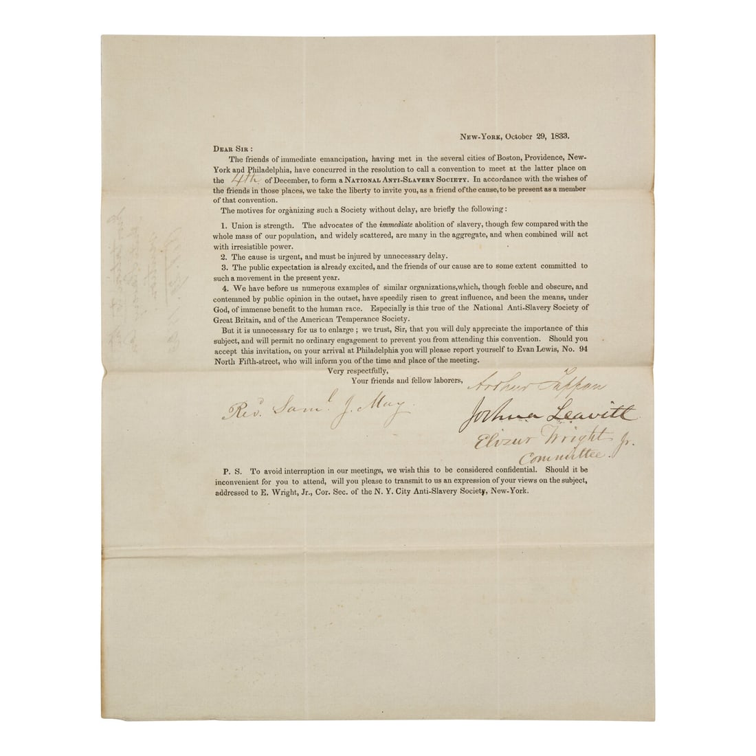 [African-Americana] Tappan, Arthur, and Joshua Leavitt, and Elizur Wright, Jr. Partially-Printed (1 of 1)