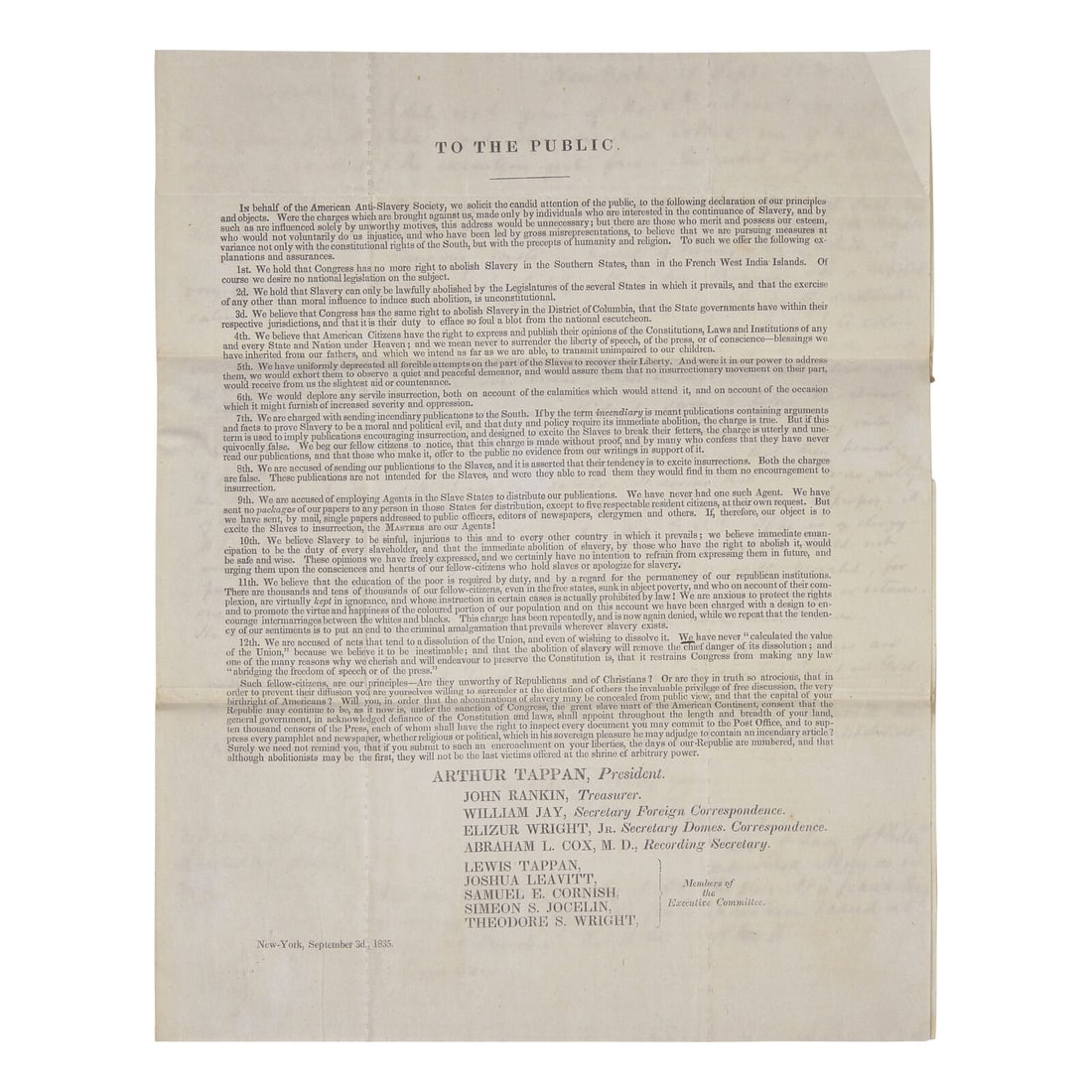 [African Americana] Tappan, Lewis. Autograph Letter, signed on Printed Circular of the American (1 of 3)