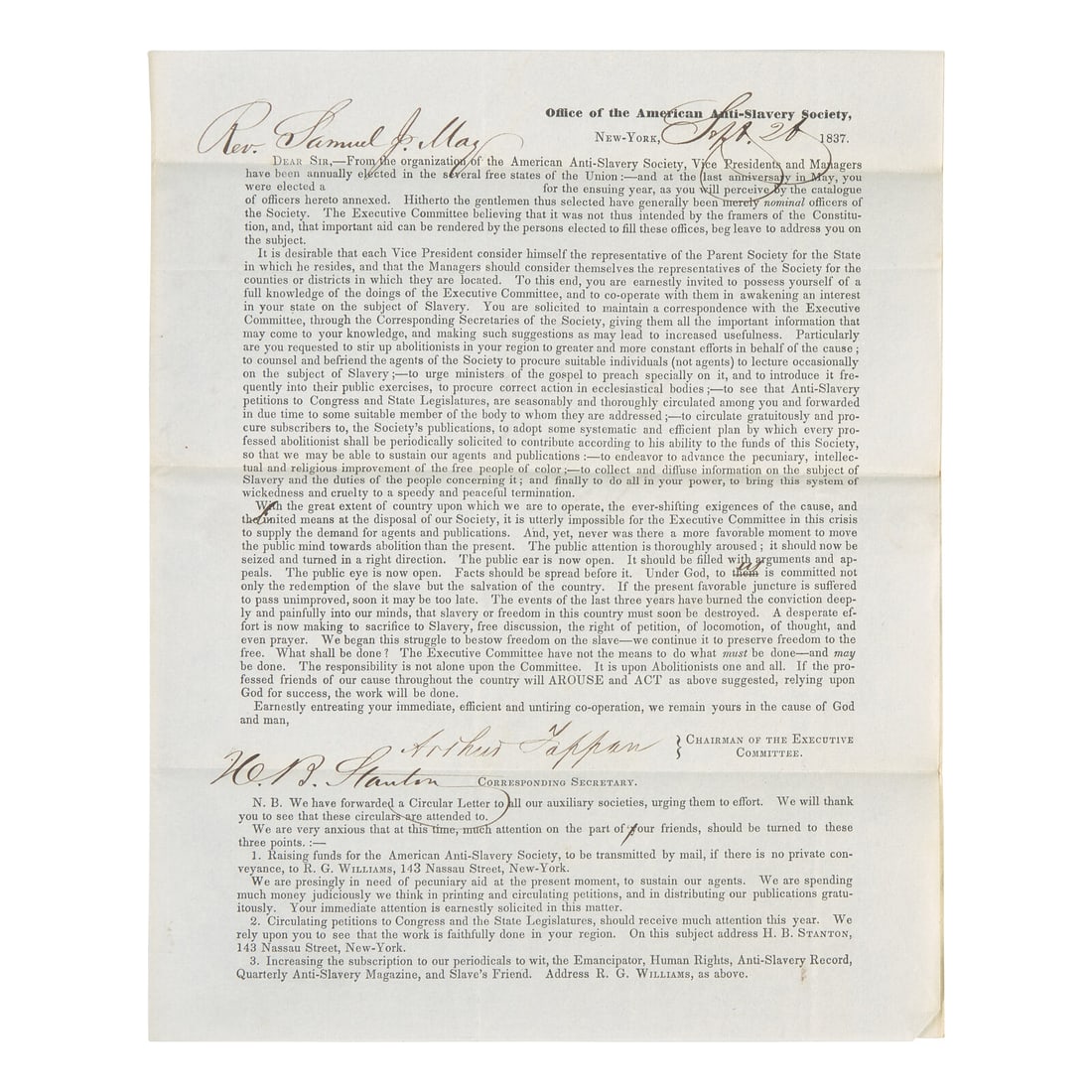 [African-Americana] Tappan, Arthur and Henry B. Stanton. Partially-Printed Circular Letter of the (1 of 2)