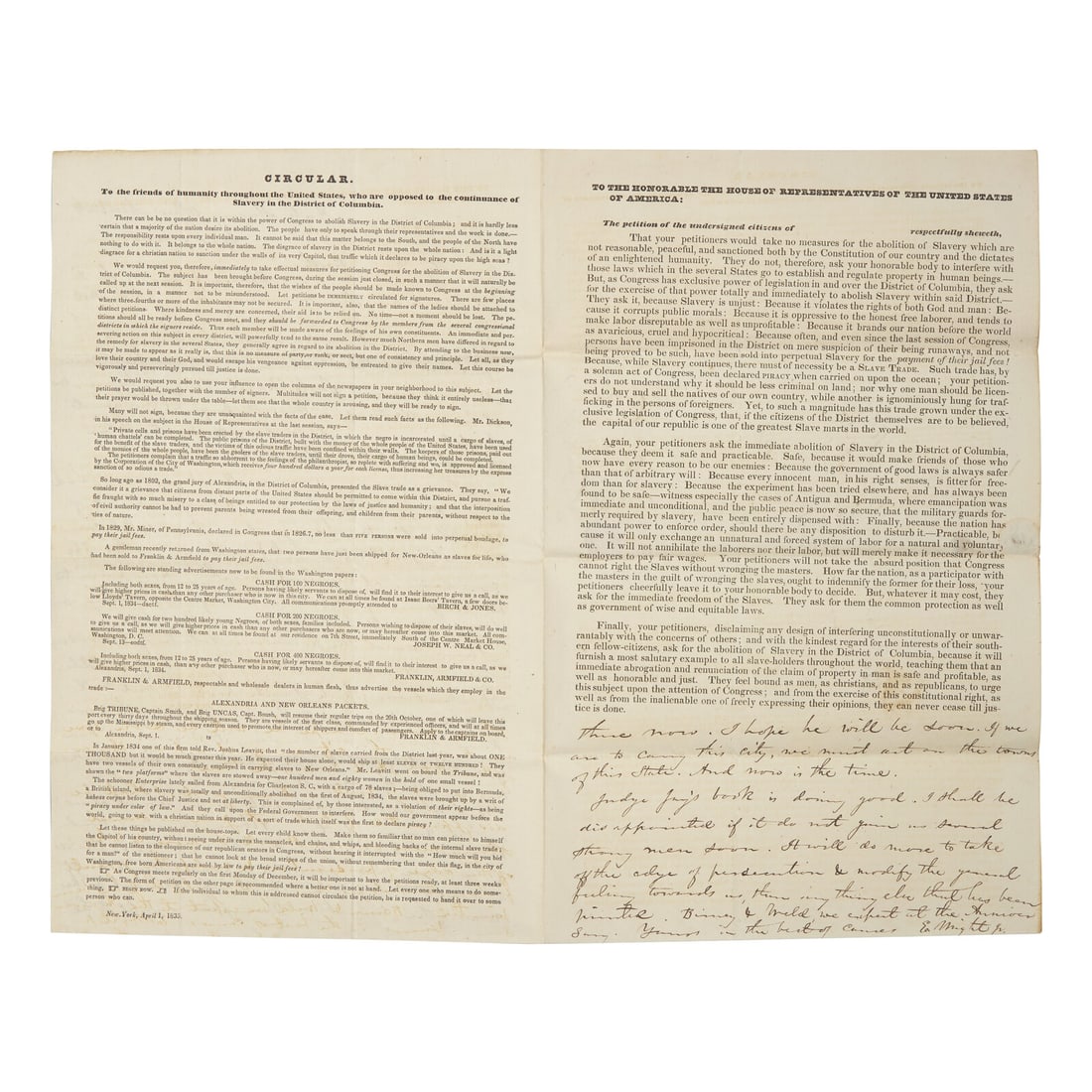 [African-Americana] Wright, Elizur, Jr. Autograph Letter, signed, on a Printed Circular Regarding: [African-Americana] Wright, Elizur, Jr. Autograph Letter, signed, on a Printed Circular Regarding the Abolition of Slavery in Washington, D.C. A Rallying Cry to Anti-Slavery Societies in America, Requ