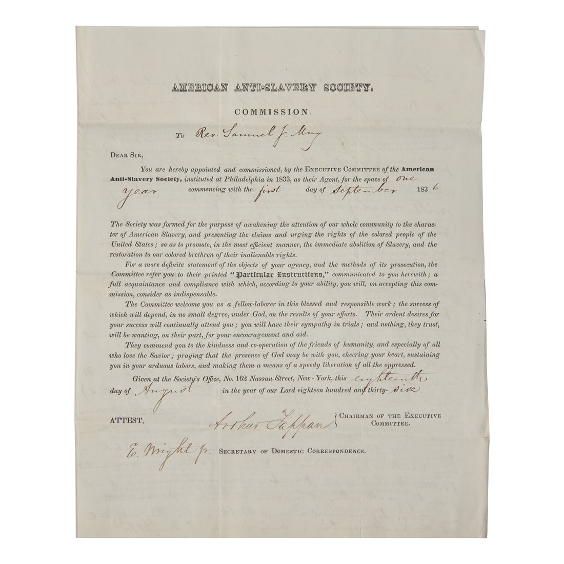 [African-Americana] Wright, Elizur, Jr., and Arthur Tappan. Rev. Samuel J. May's Partially-Printed (1 of 3)