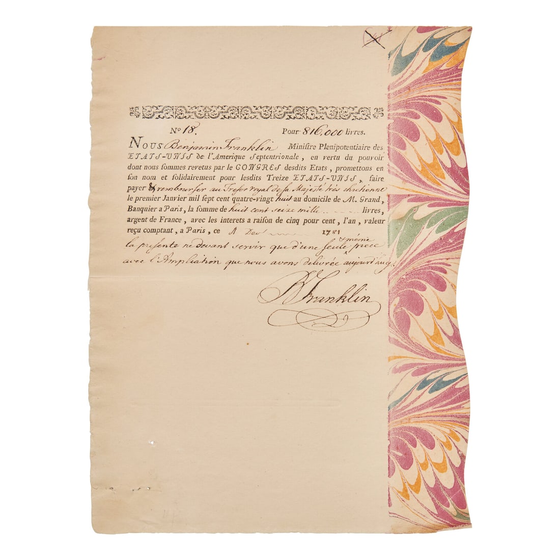 [American Revolution] Franklin, Benjamin. Partially-Printed Promissory Note, accomplished and twice (1 of 2)
