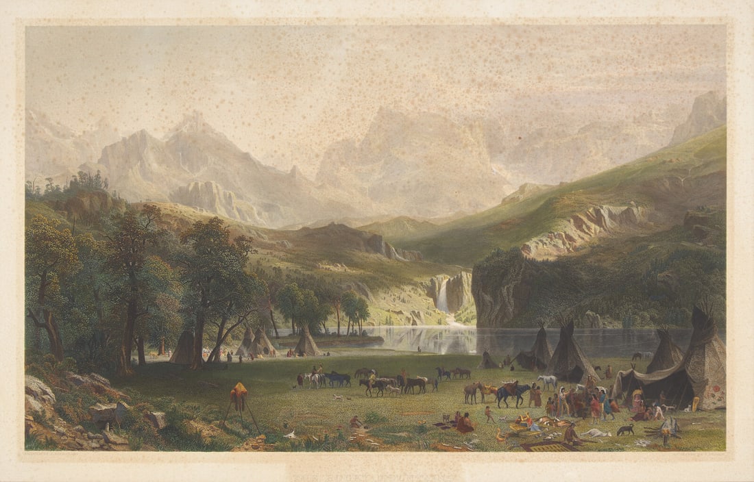 [Americana] Bierstadt, Albert. The Rocky Mountains: [Americana] Bierstadt, Albert. The Rocky Mountains (American, 1830-1902) New York: Edward Bierstadt, 1866. Hand-colored engraving on thick paper, by James Smillie after a painting by Albert Bierstadt.