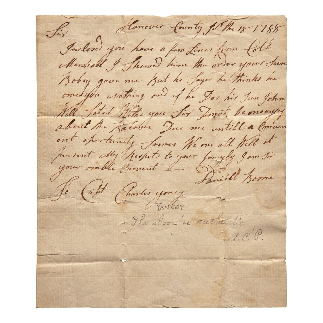 [Americana] Boone, Daniel. Autograph Letter, signed (1 of 2)