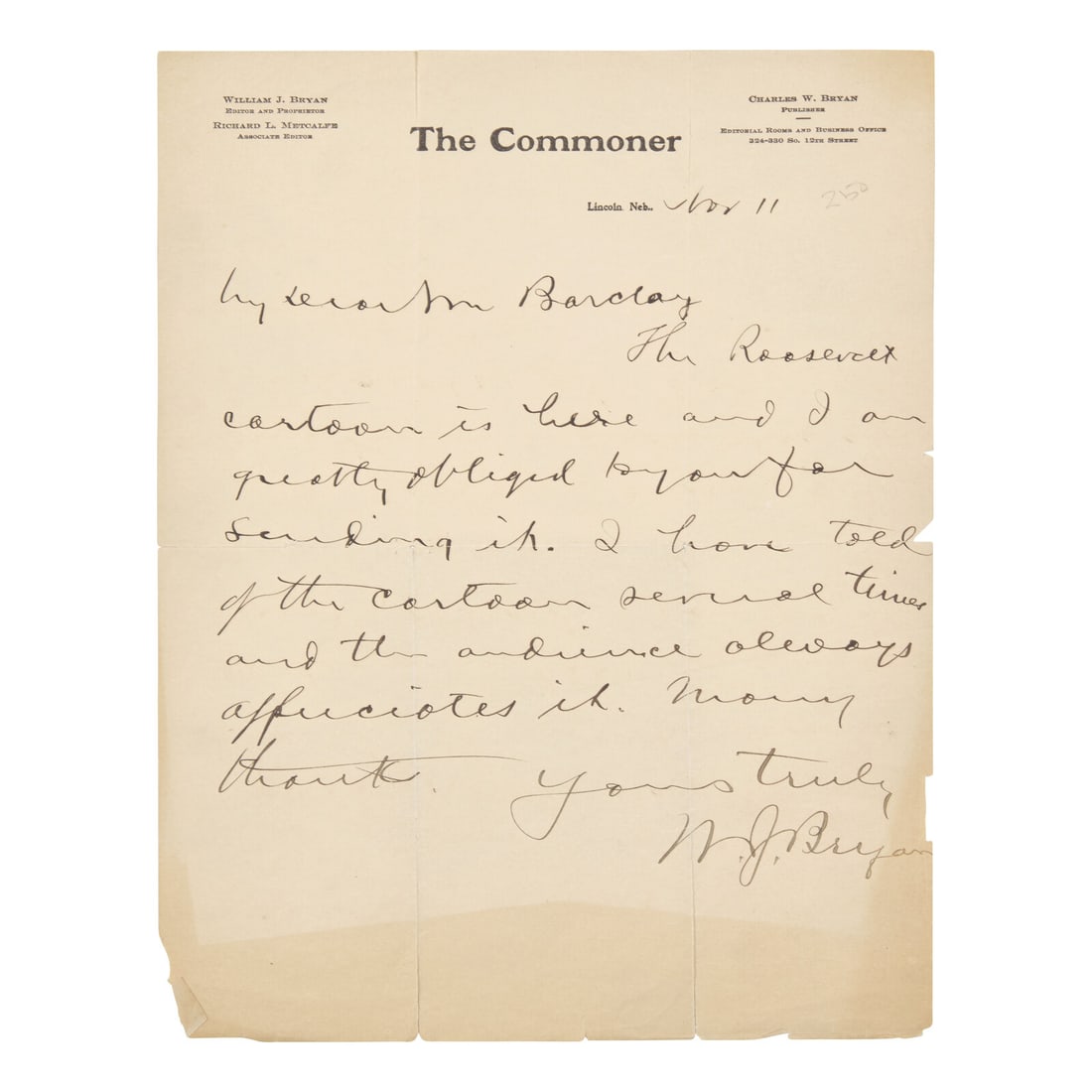 [Americana] Bryan, William Jennings. Autograph Letter, signed. (1 of 1)