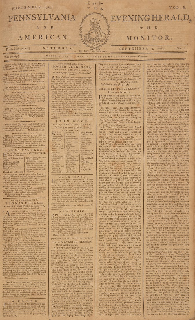[Americana] (Carey, Mathew). Carey's Pennsylvania Evening Herald and American Monitor, Group of (1 of 4)