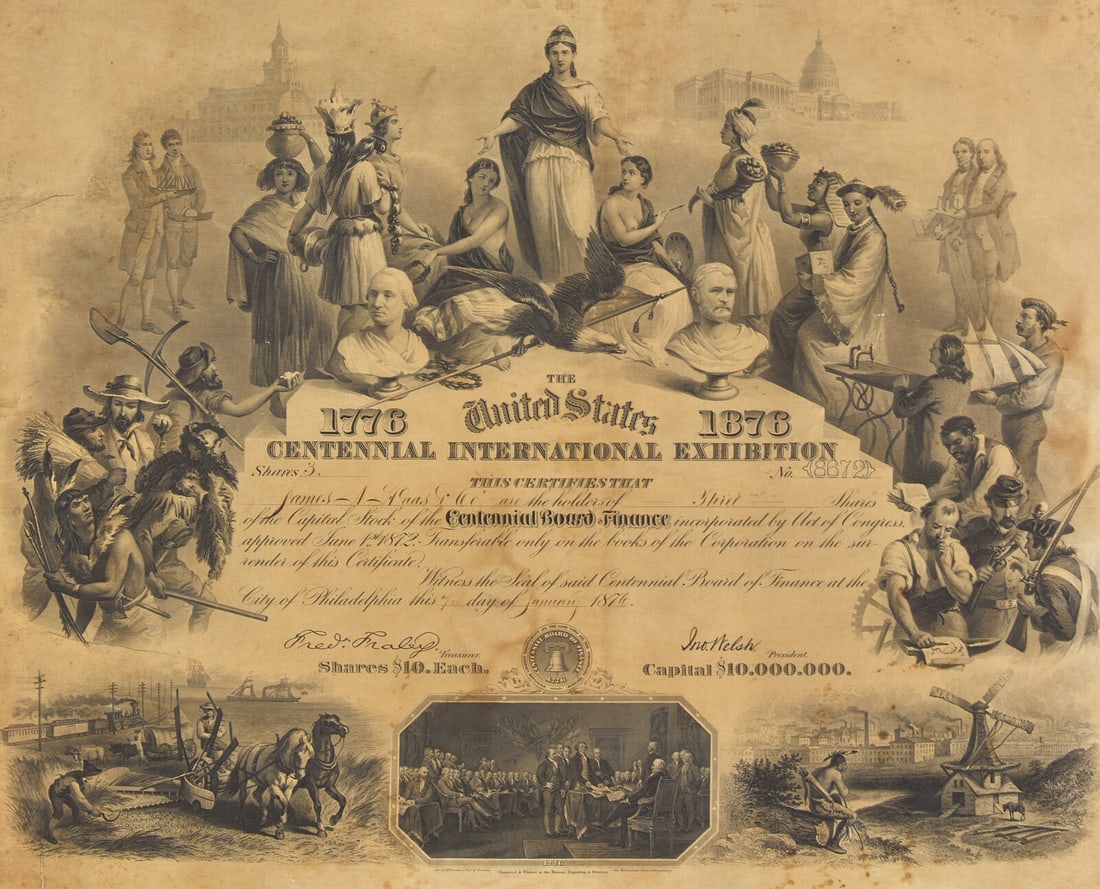 [Americana] Engraved Centennial International Exhibition Stock Certificate (1 of 2)