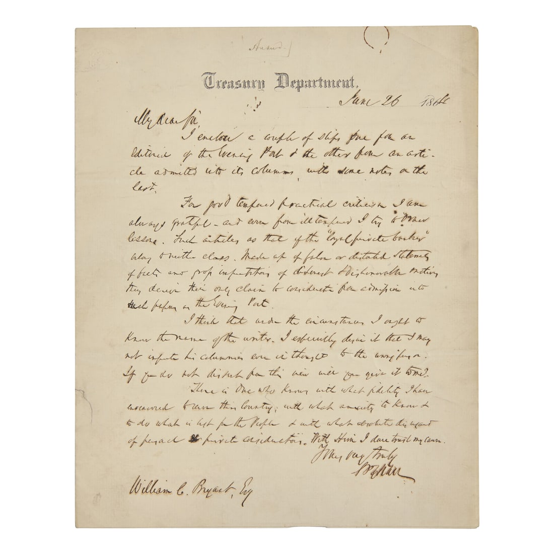 [Americana] Chase, Salmon P. Autograph Letter, signed (1 of 2)