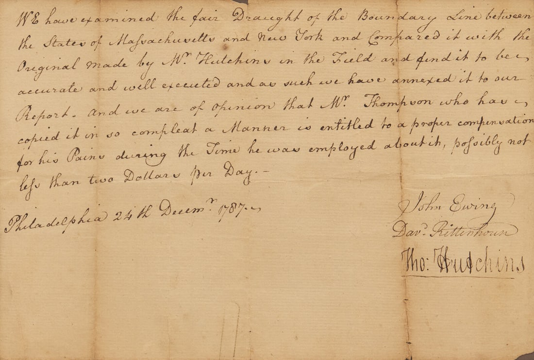 [Americana] Ewing, John, and David Rittenhouse, and Thomas Hutchins. Manuscript Document, signed (1 of 2)