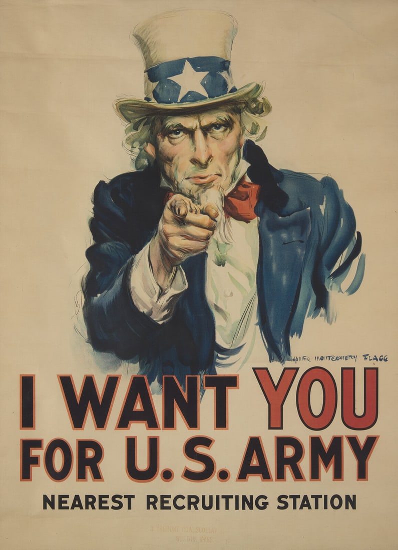[Americana] Flagg, James Montgomery. I Want You For U.S. Army: [Americana] Flagg, James Montgomery. I Want You For U.S. Army New York: Leslie-Judge Co., 1917. Color lithograph; 39 1/2 x 29 3/4 in. (1,003 x 756 mm). Contemporary ink stamp at bottom: "3 Tremont Row