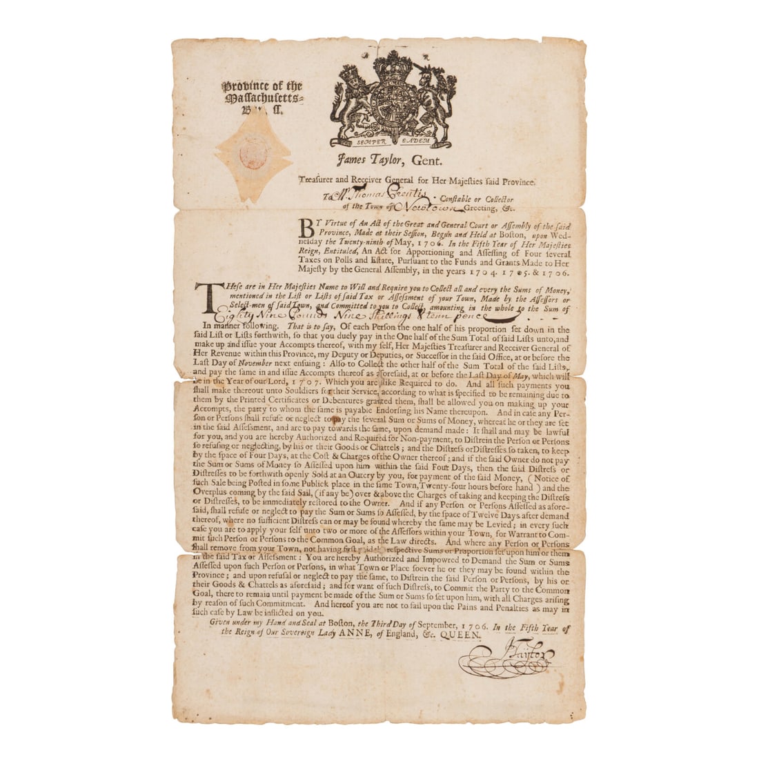 [Americana] [Green Bartholomew] Partially-Printed Massachusetts Tax Collector Broadside (1 of 2)
