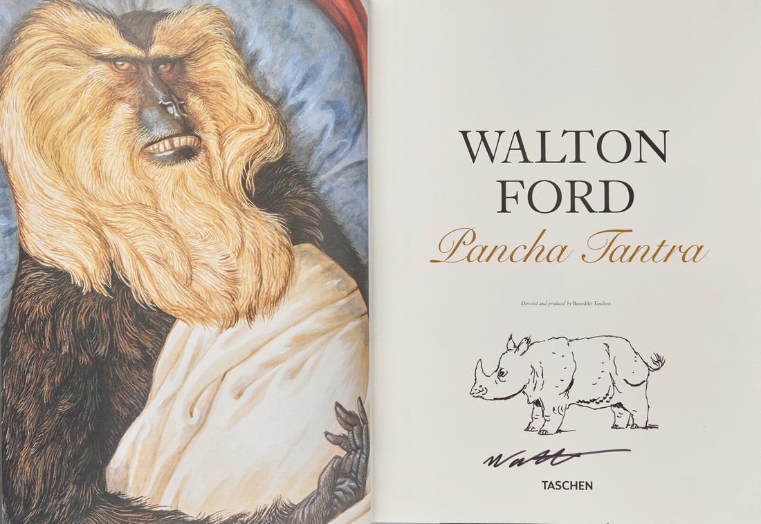 [Art] Ford, Walton. Pancha Tantra: [Art] Ford, Walton. Pancha Tantra (Cologne): Taschen, (2009). Folio. Signed by Ford on title-page and with an original drawing by him of a Rhino. Profusely illustrated. Publisher's brown cloth, stampe