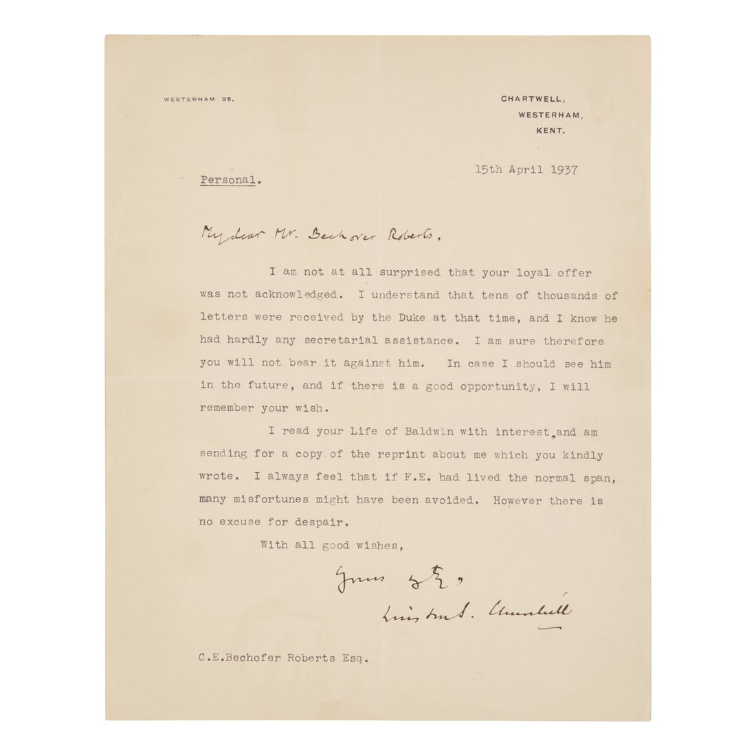 [British Isles] Churchill, Winston S. Typed Letter, signed (1 of 1)