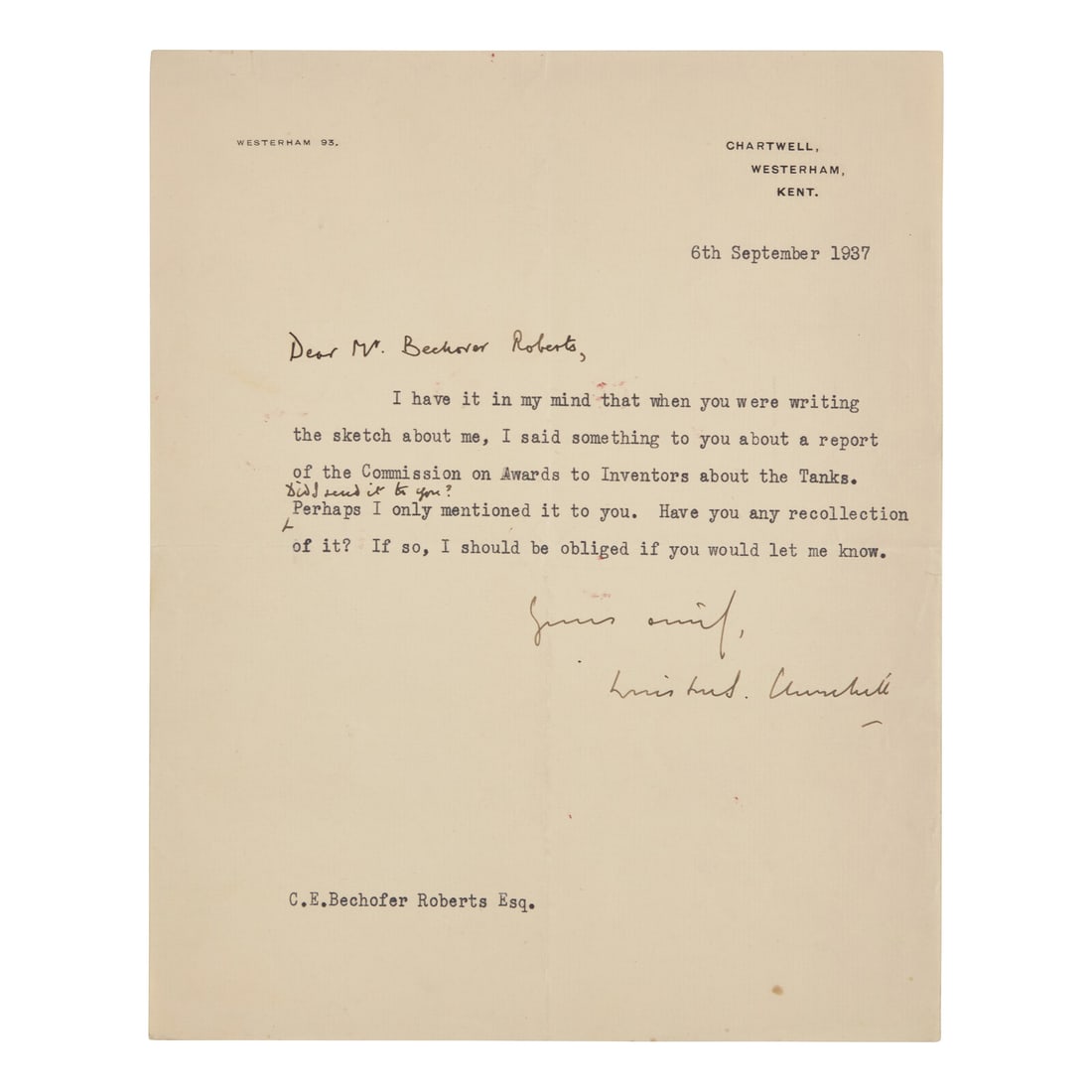 [British Isles] Churchill, Winston S. Typed Letter, signed (1 of 1)