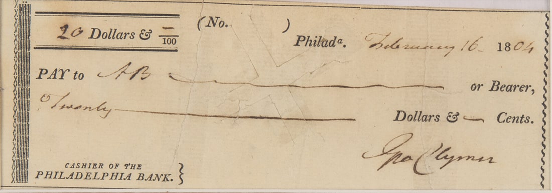 [Declaration of Independence] Clymer, George. Signed Check (1 of 2)