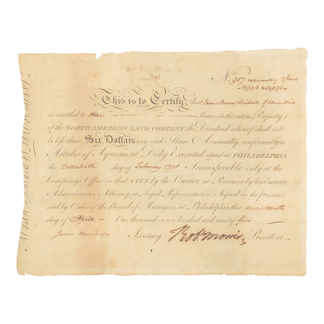 [Declaration of Independence] Morris, Robert. Partially-Printed Document, signed (1 of 2)