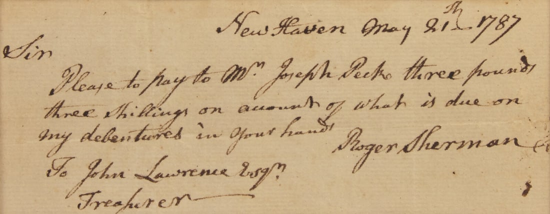 [Declaration of Independence] Sherman, Roger. Autograph Letter, signed. (1 of 2)