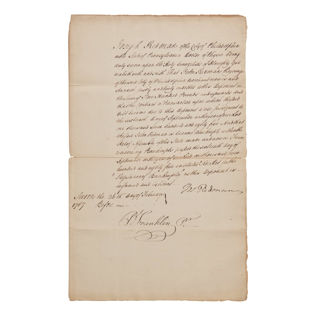 [Franklin, Benjamin] Franklin, Benjamin. Manuscript Document, signed (1 of 1)