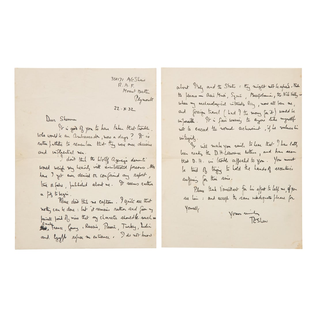 [Literature] [Lawrence, T.E.] Shaw, T.E. Autograph Letter, signed (1 of 1)
