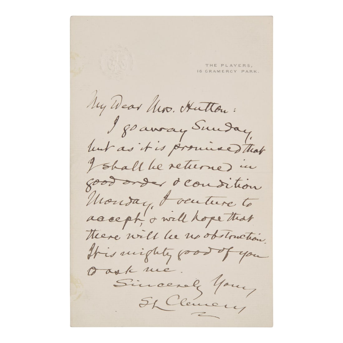 [Literature] Twain, Mark (Samuel L. Clemens) Autograph Letter, signed (1 of 1)
