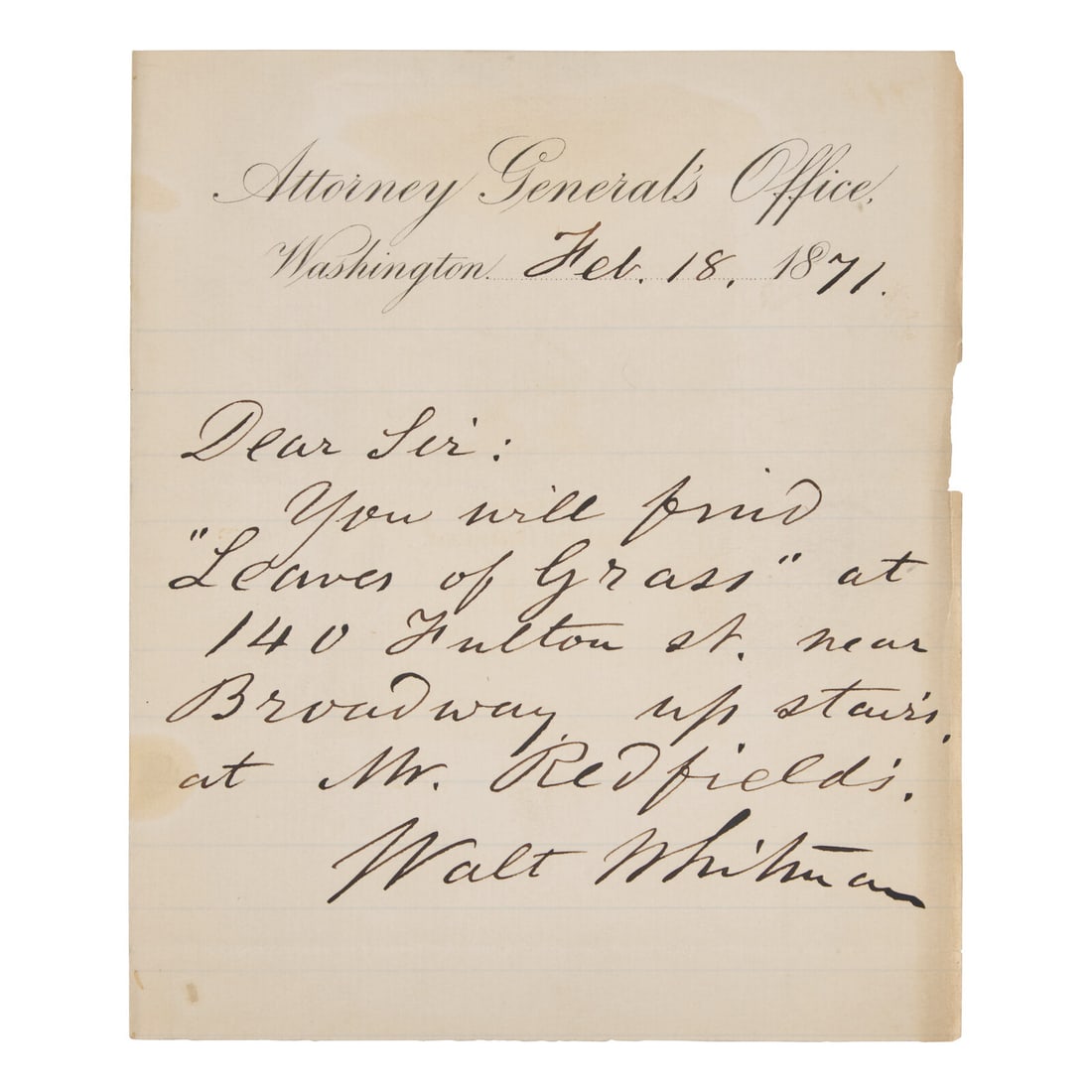 [Literature] Whitman, Walt. Autograph Letter, signed (1 of 3)