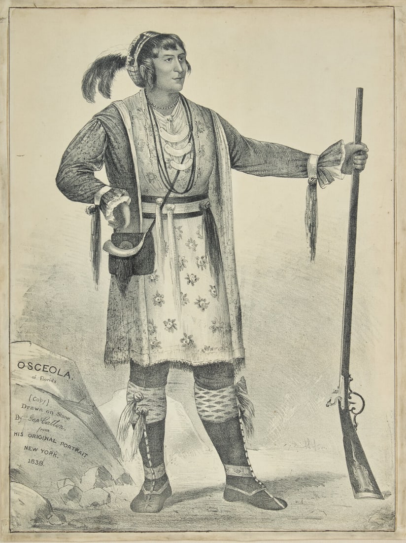 [Native Americana] Catlin, George. Osceola. of Florida: [Native Americana] Catlin, George. Osceola. of Florida New York, 1838. Lithograph. Trimmed to edge ruling and laid down on larger paper. Approximately 17 x 13 in. (432 x 330 mm) (sight). Lightly worn.