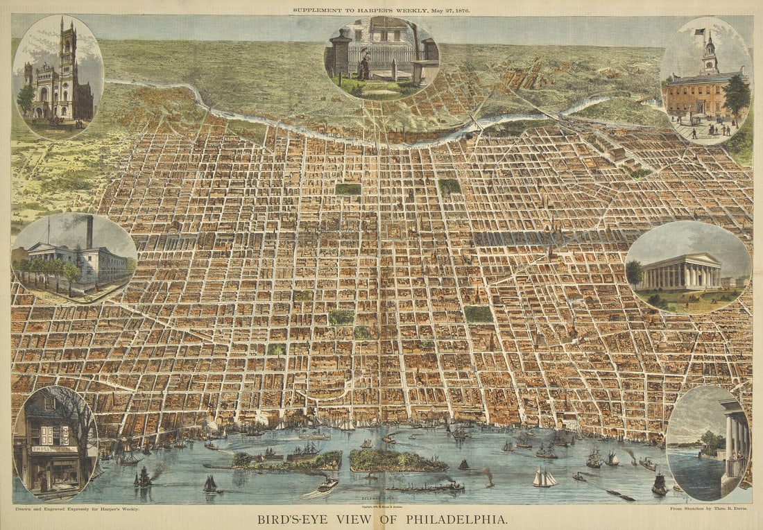 [Philadelphia] Bird's-Eye View of Philadelphia: [Philadelphia] Bird's-Eye View of Philadelphia (New York): Harpers & Brothers, May 27, 1876. Hand-colored engraved bird's-eye view of Philadelphia, after sketches by Theodore R. Davis, a Supplemen