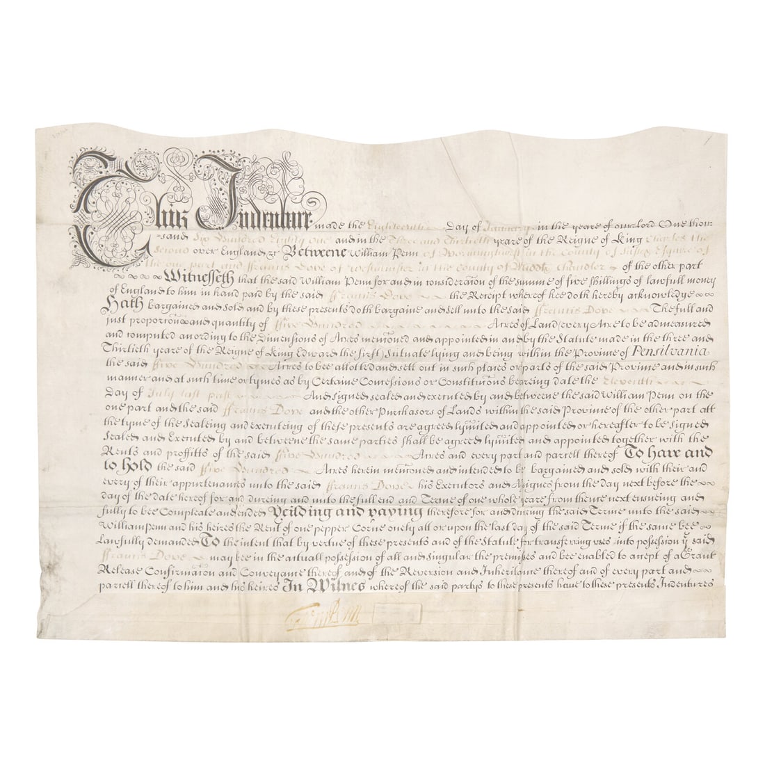 [Philadelphia] Penn, William. Signed Land Indenture (1 of 2)