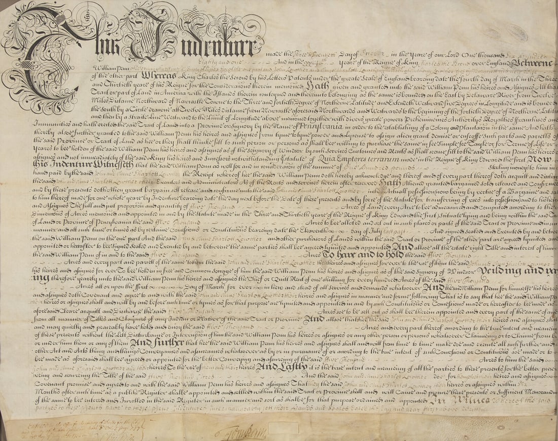 [Philadelphia] Penn, William. Partially-Printed Document, signed (1 of 4)