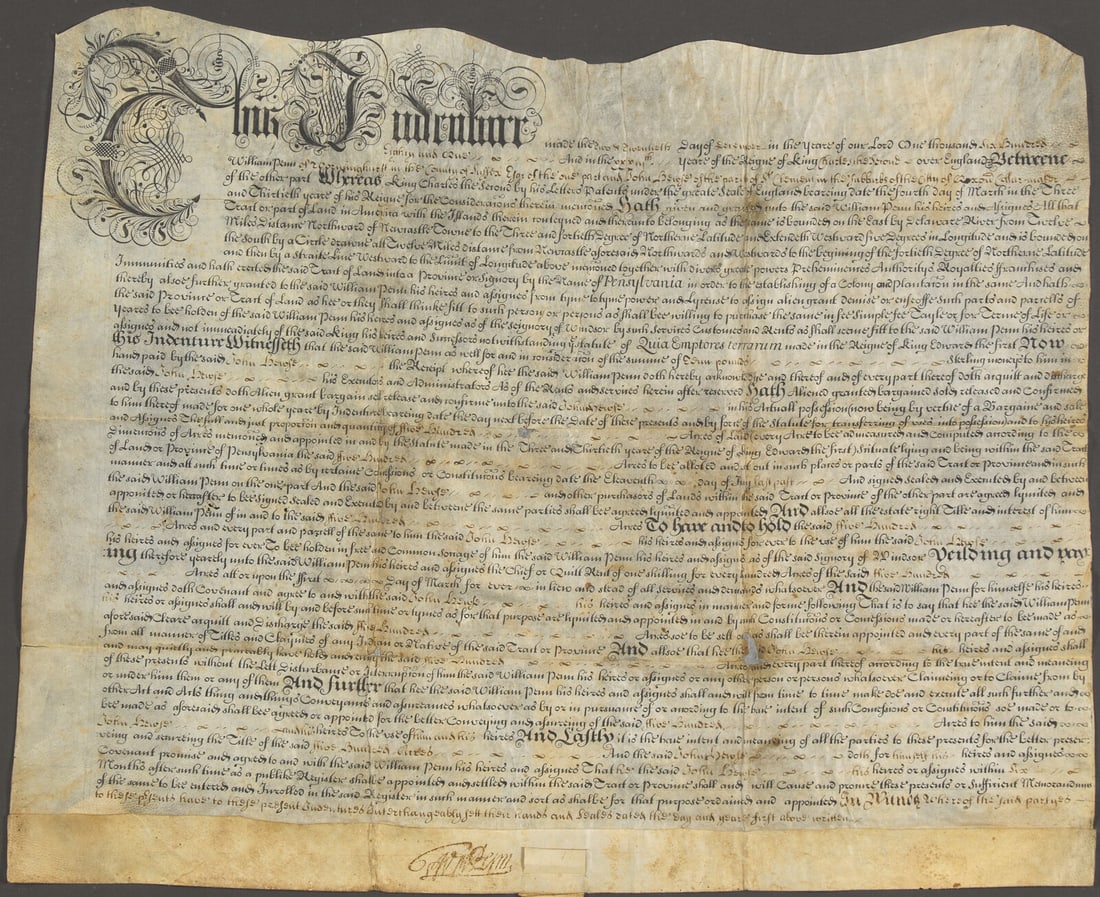 [Philadelphia] Penn, William. Signed Land Indenture (1 of 2)