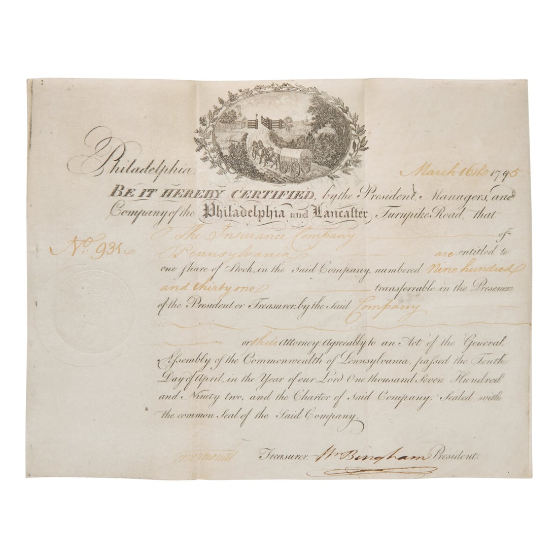 [Philadelphia] Partially-Printed Certificate for the Philadelphia and Lancaster Turnpike Road: [Philadelphia] Partially-Printed Certificate for the Philadelphia and Lancaster Turnpike Road Philadelphia, March 16, 1795. Single oblong sheet, 7 1/2 x 9 1/2 in. (190 x 241 mm). Partially-printed Phi