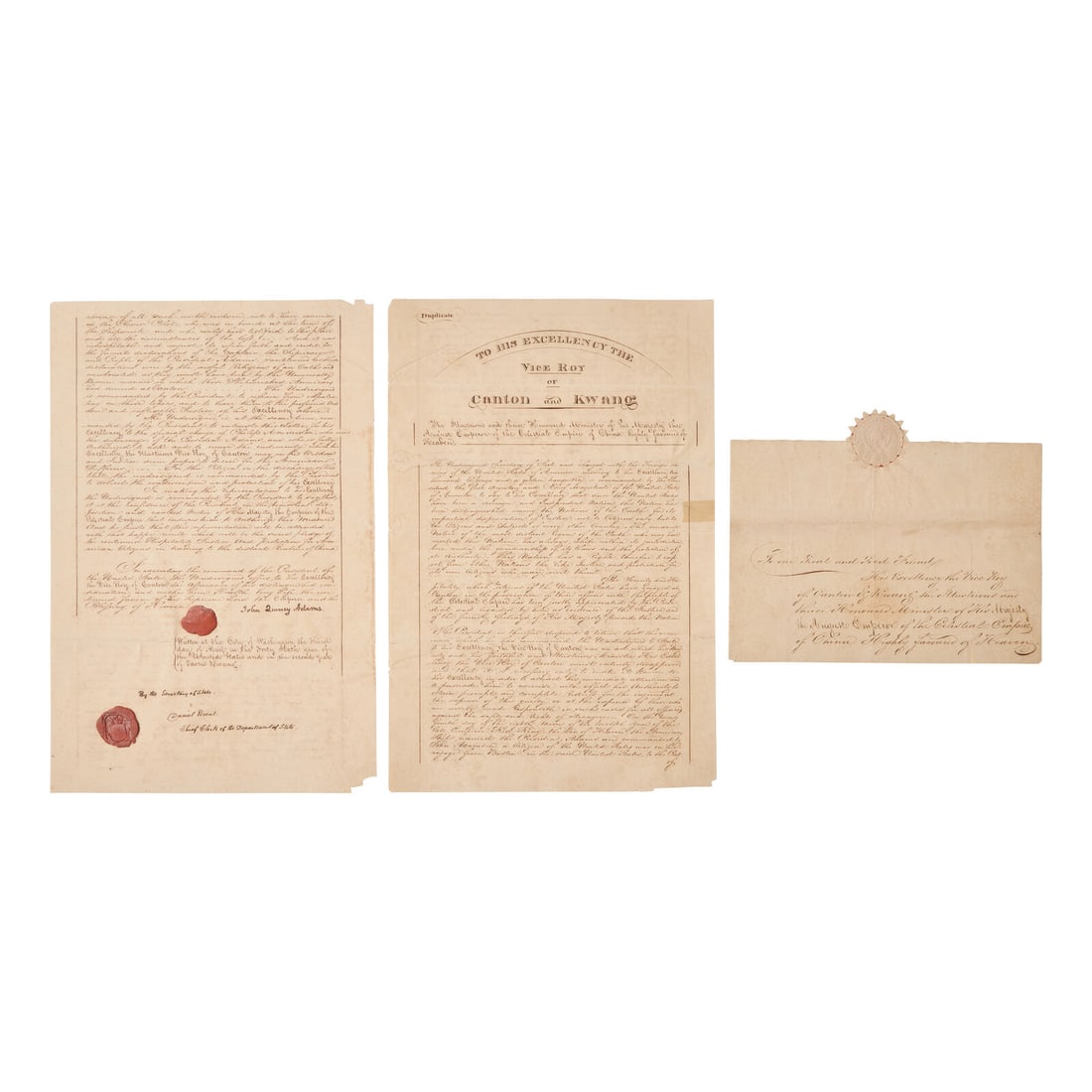[Presidential] [China] Adams, John Quincy. Manuscript Document, signed: [Presidential] [China] Adams, John Quincy. Manuscript Document, signed A Protest to the Viceroy of Canton for the Plundering of an American Trading Vessel Washington, D.C., May 3, 1822. Fine four-page