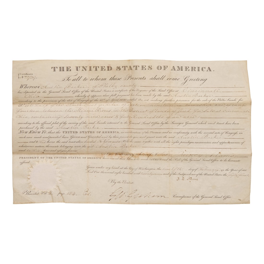 [Presidential] Adams, John Quincy. Partially-Printed Document, signed (1 of 2)