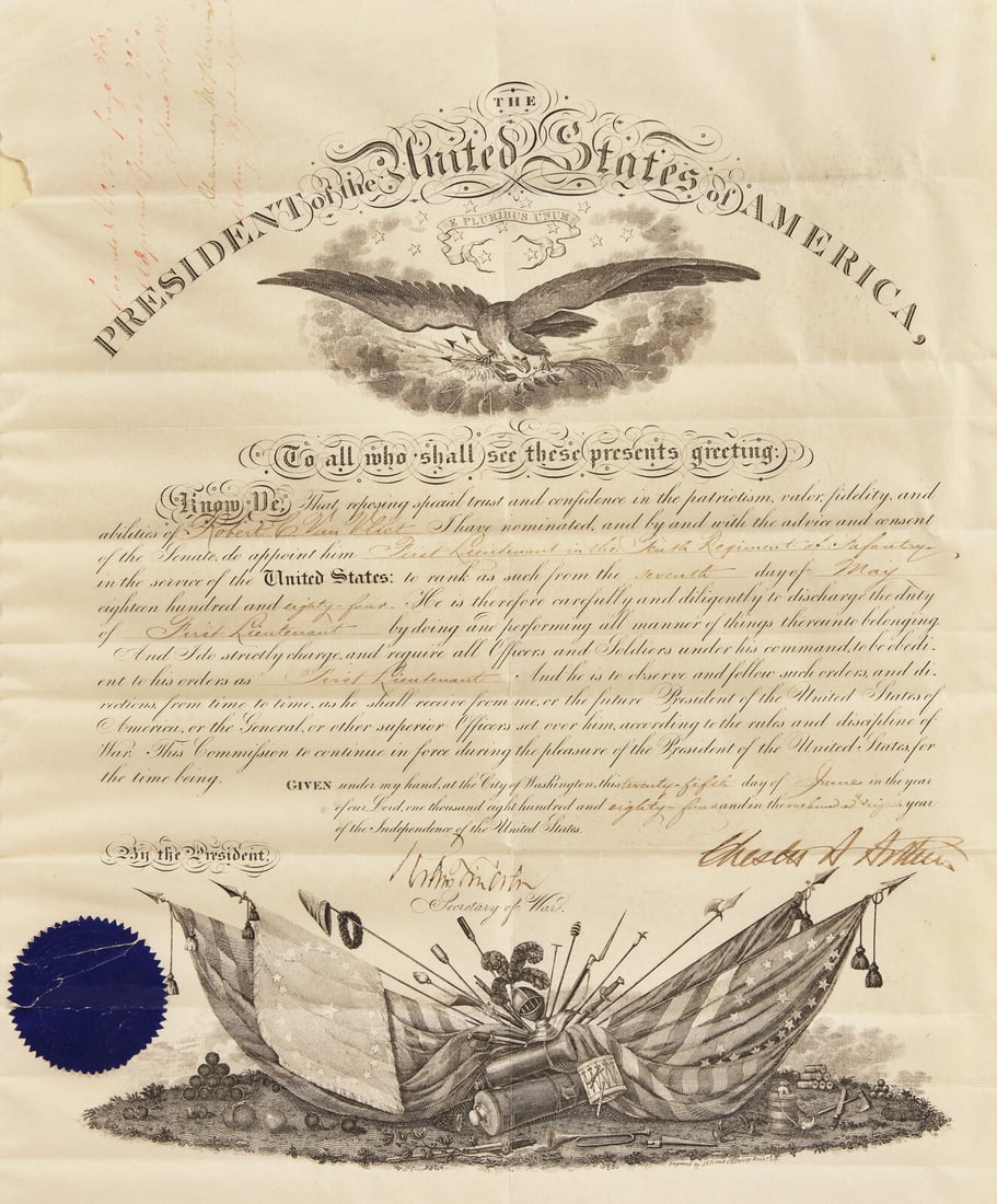 [Presidential] Arthur, Chester A. Partially-Printed Military Commission, signed (1 of 2)