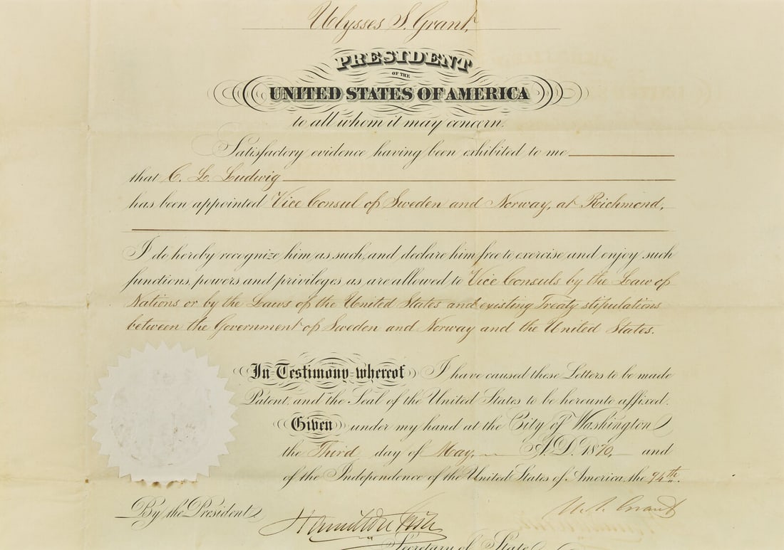[Presidential] Grant, Ulysses S. Partially-Printed Document, signed: [Presidential] Grant, Ulysses S. Partially-Printed Document, signed Washington (D.C.), May 3, 1870. Oblong paper sheet, 14 1/2 x 19 1/2 in. (368 x 495 mm). Partially-printed diplomatic appointment sig